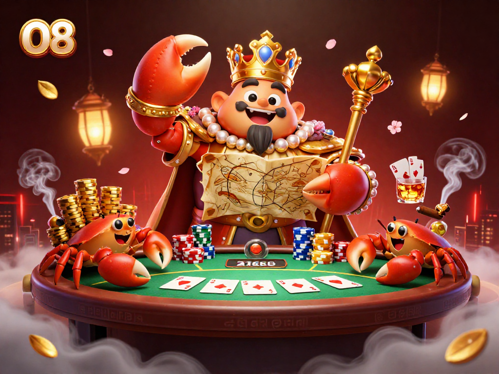 Engage with O8's vibrant casino scene featuring a majestic crab emperor and gaming elements.