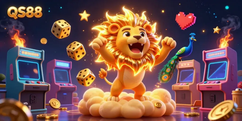 Engage with the vibrant world of QS88, where a roaring sun lion and golden dice dive into a thrilling casino adventure.