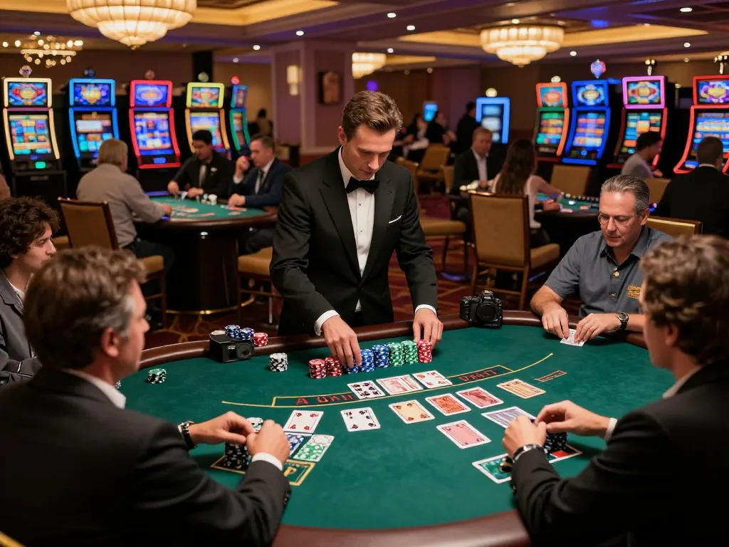 Players enjoying an intense C168 blackjack game at a Vegas casino table with chips and cards.
