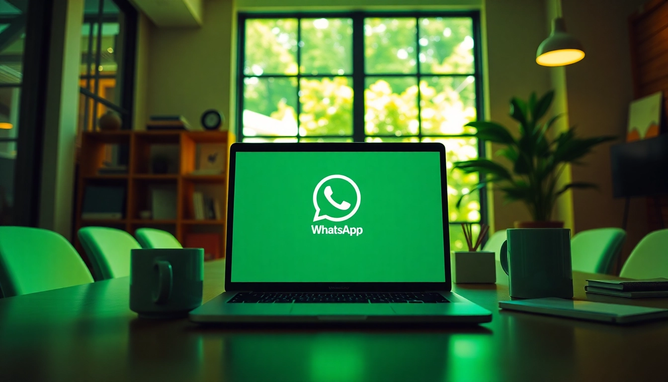 WhatsApp网页版 interface displayed on a laptop in a modern workspace.
