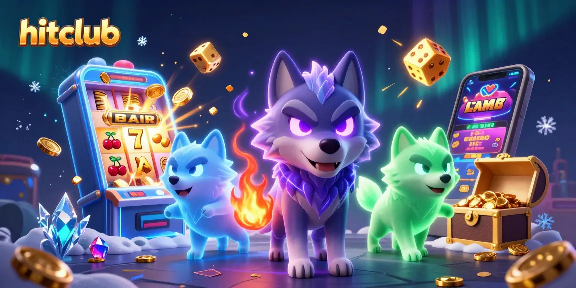 Hitclub showcases an exciting casino scene of wolves amid a jackpot explosion and colorful gaming elements.