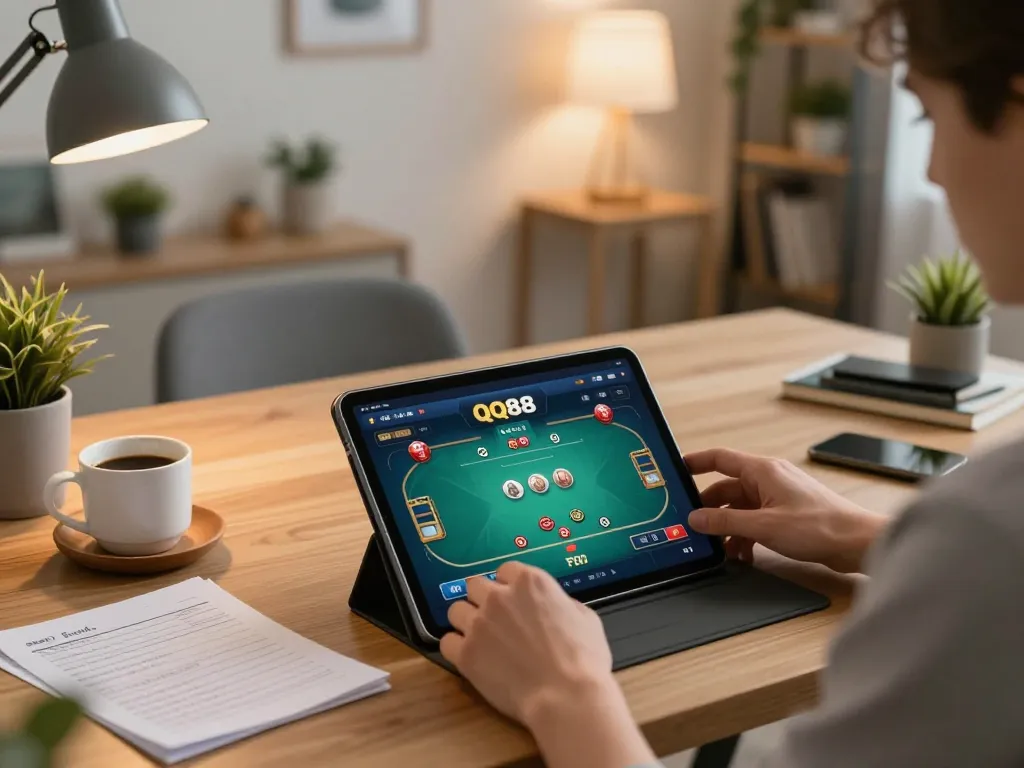 A player engages in QQ88 online gaming strategy from a cozy home setup with tablet and notes.