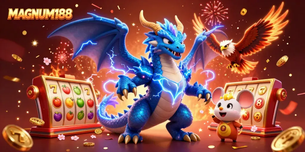 Experience excitement at MAGNUM188 with a vibrant scene featuring jackpot slots, confetti, and dynamic characters.