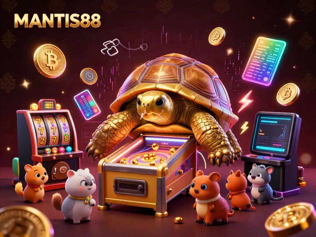 Experience MANTIS88's fun-filled digital casino scene with a colossal tortoise pinball machine and vibrant game elements.