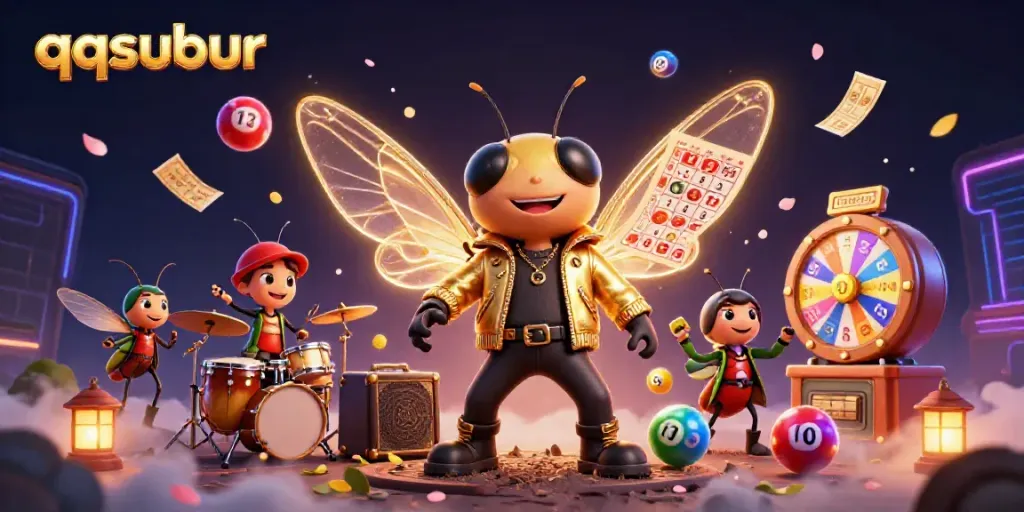 Experience qqsubur with vibrant cartoon elements, colorful lottery balls, and energetic characters celebrating online gaming.