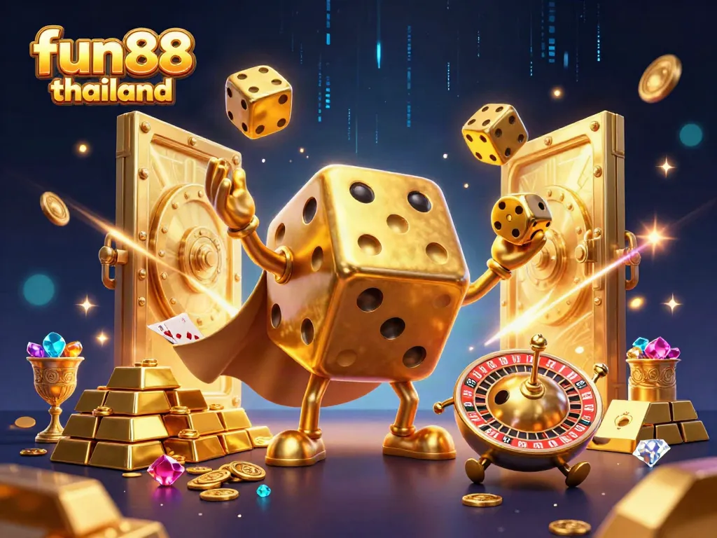 Experience fun88 thailand with a vibrant 3D casino scene including golden dice, riches, and dynamic gaming elements.