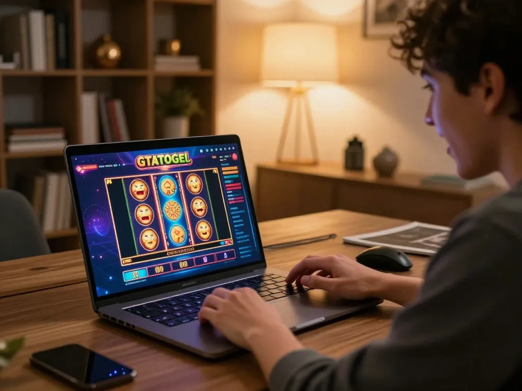 Players enjoying exciting slot games at GTAtogel online casino in a cozy home setup