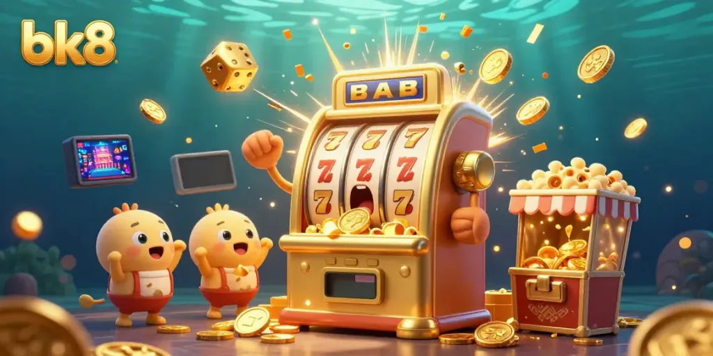 Engage with bk8's exciting casino experience as a golden slot machine hits jackpot, celebrating with cheers and coins.