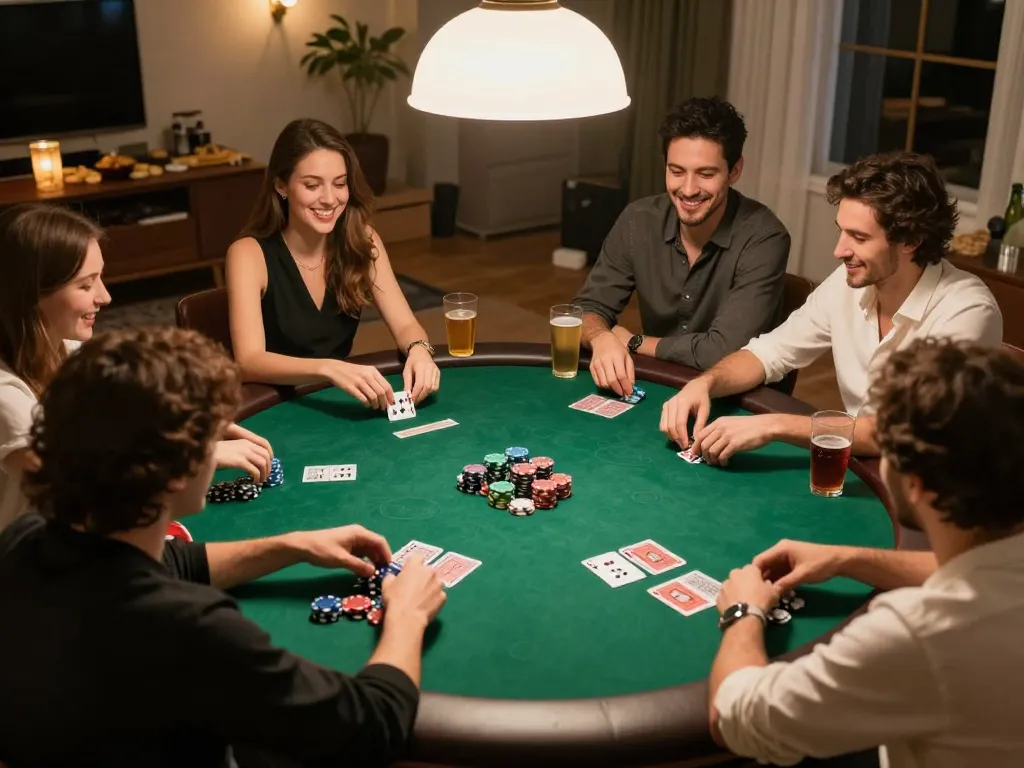 Rokok88 players enjoying a friendly home poker game, chips and cards in action during gameplay.