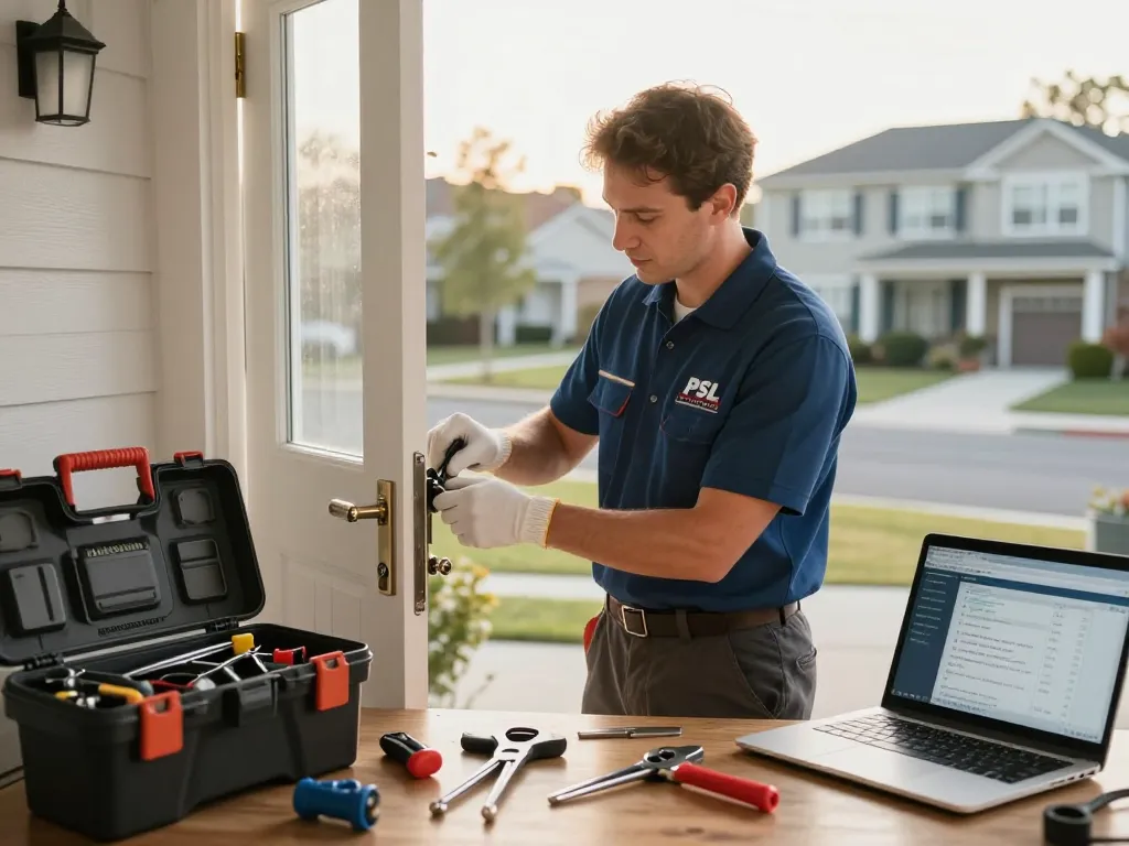 PSL Lock and Key locksmith repairing a residential door lock with professional tools in a suburban setting.