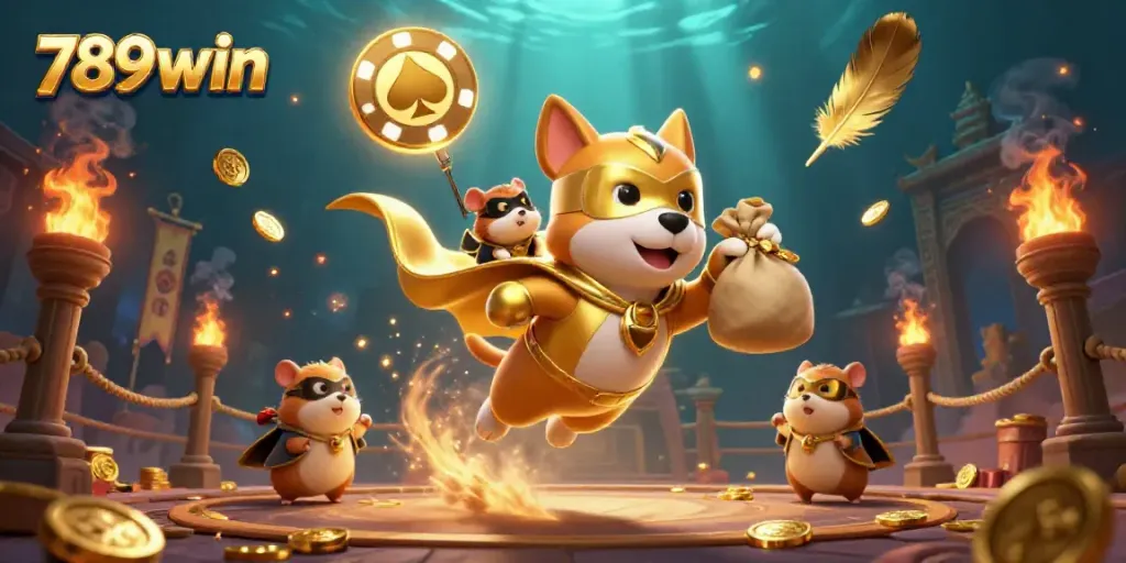 Bet big and win with 789win's immersive casino scene featuring cartoon characters and gold coins.