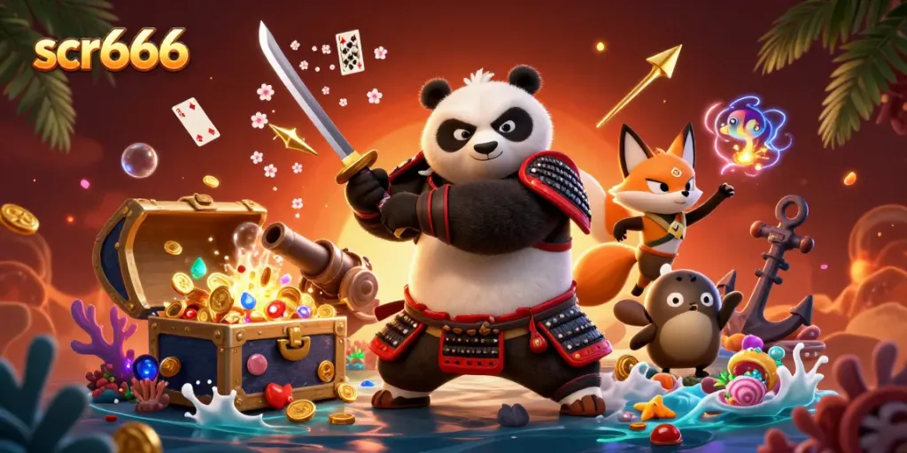 Engage in exciting gameplay with scr666's samurai panda and ninja fox in a vibrant casino world.
