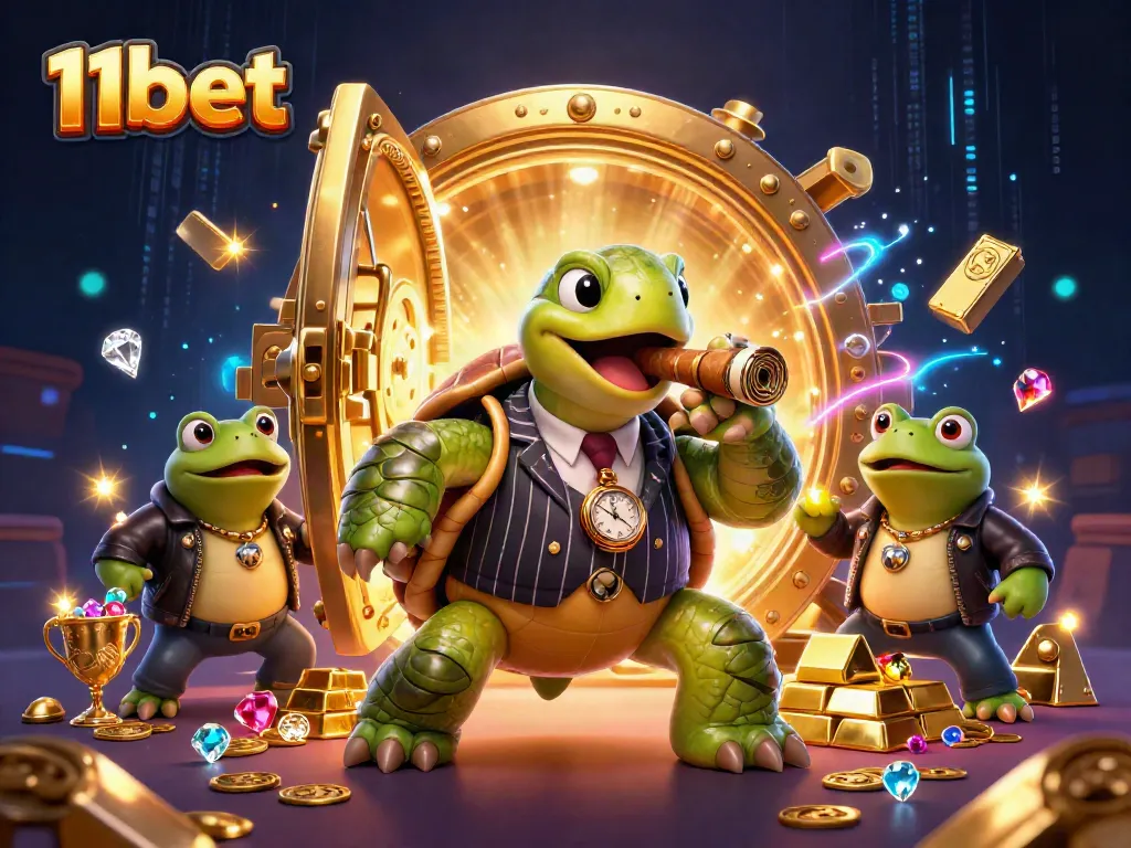 Experience the excitement of 11bet's vibrant casino atmosphere filled with treasures and animated characters.