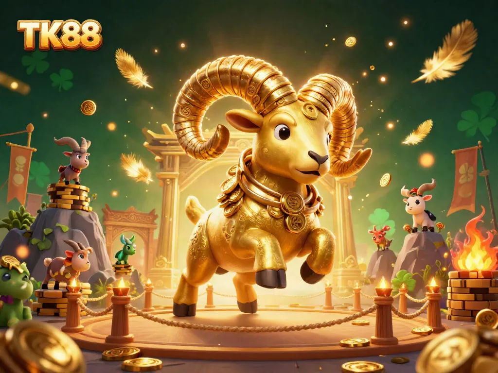 Engage with TK88's thrilling casino experience, featuring a golden ram charging through a vibrant gambling arena.