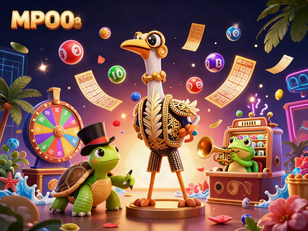 Experience the excitement of MPO08 with 3D characters celebrating gambling at a vibrant casino scene filled with lottery elements.