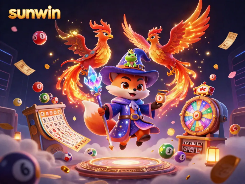 Experience the magic of sunwin with a wizard fox and phoenix in a vibrant gambling scene.