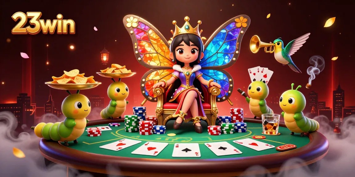 Bettors enjoy the 23win experience with a vibrant, fantasy casino scene featuring a butterfly queen and poker elements.