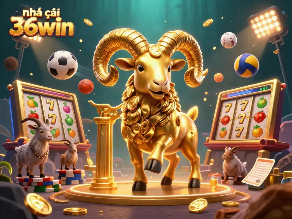 Engage in thrilling gaming at Nhà cái 36win with vibrant 3D slot and casino elements dynamically illustrated.