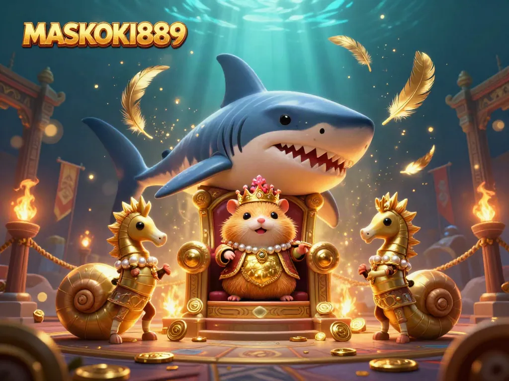 Engage in thrilling gameplay at MASKOKI889, featuring a mighty hamster king and vibrant casino elements.