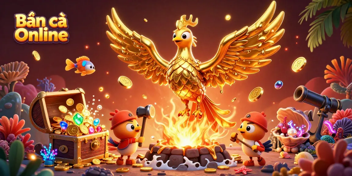 Bắn cá Online game featuring a molten golden phoenix and rich underwater treasures in a vibrant scene.