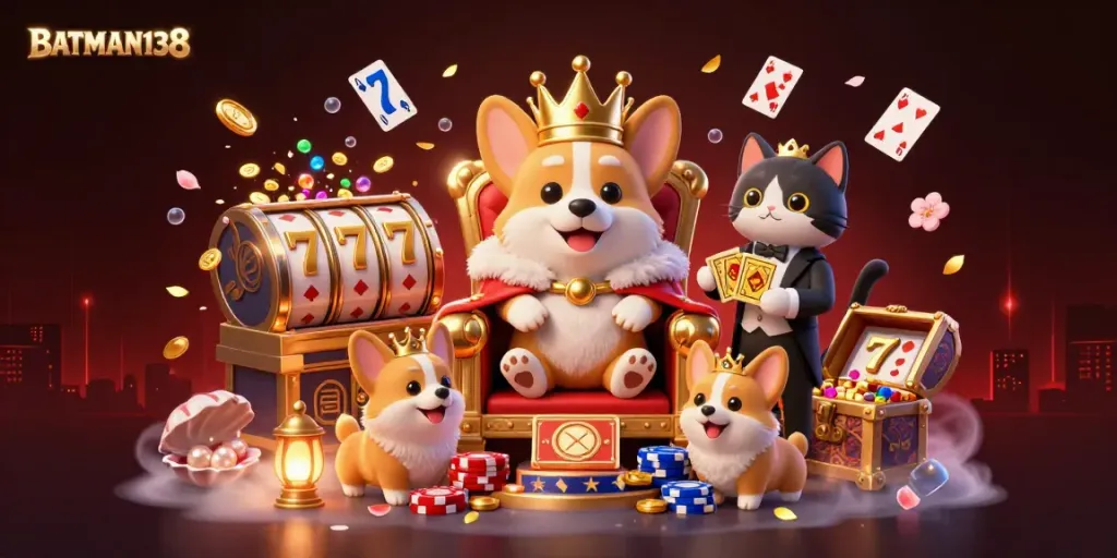 Engage in thrilling gameplay at BATMAN138, showcasing vibrant slot reels, lucky 7s, and golden treasures.