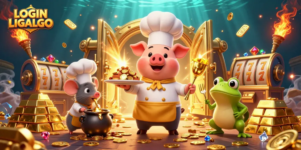 Engage in thrilling gameplay with LOGIN LIGALGO as a pig chef serves golden slots with excitement.