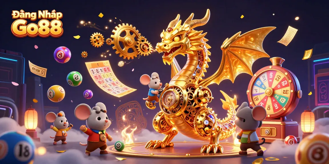 Engaging in Đăng Nhập Go88 with vibrant lottery elements surrounding a golden dragon and engineer.