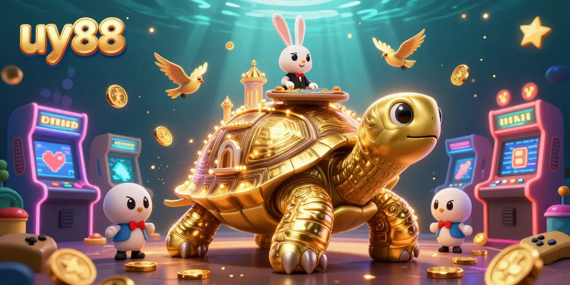 Experience excitement at uy88 with a whimsical casino scene featuring a golden tortoise and a rabbit dealer.