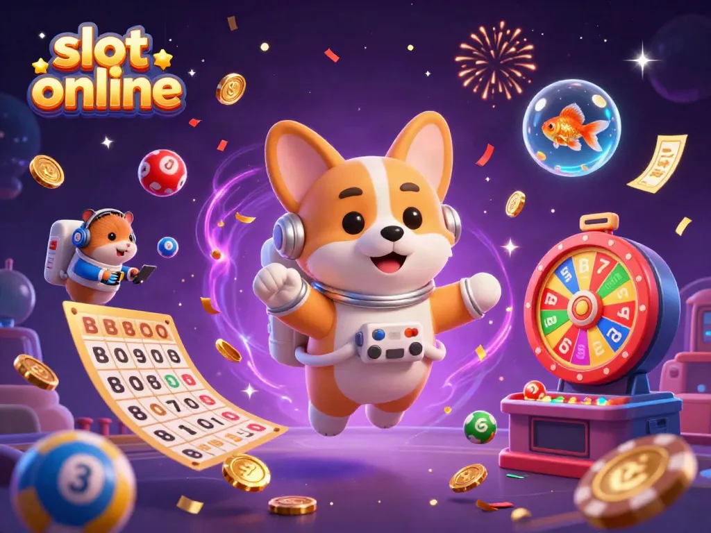 Celebrate jackpots and fun with slot online, as astronaut corgi navigates a vibrant casino scene.