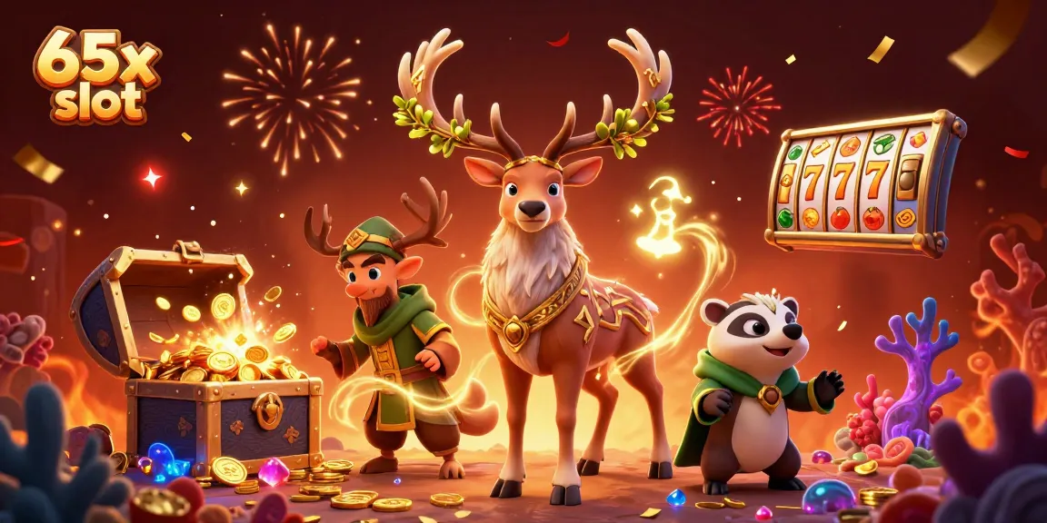 Ganhe jackpots com o 65x slot em uma cena vibrante de cassino com símbolos e personagens encantadores.
