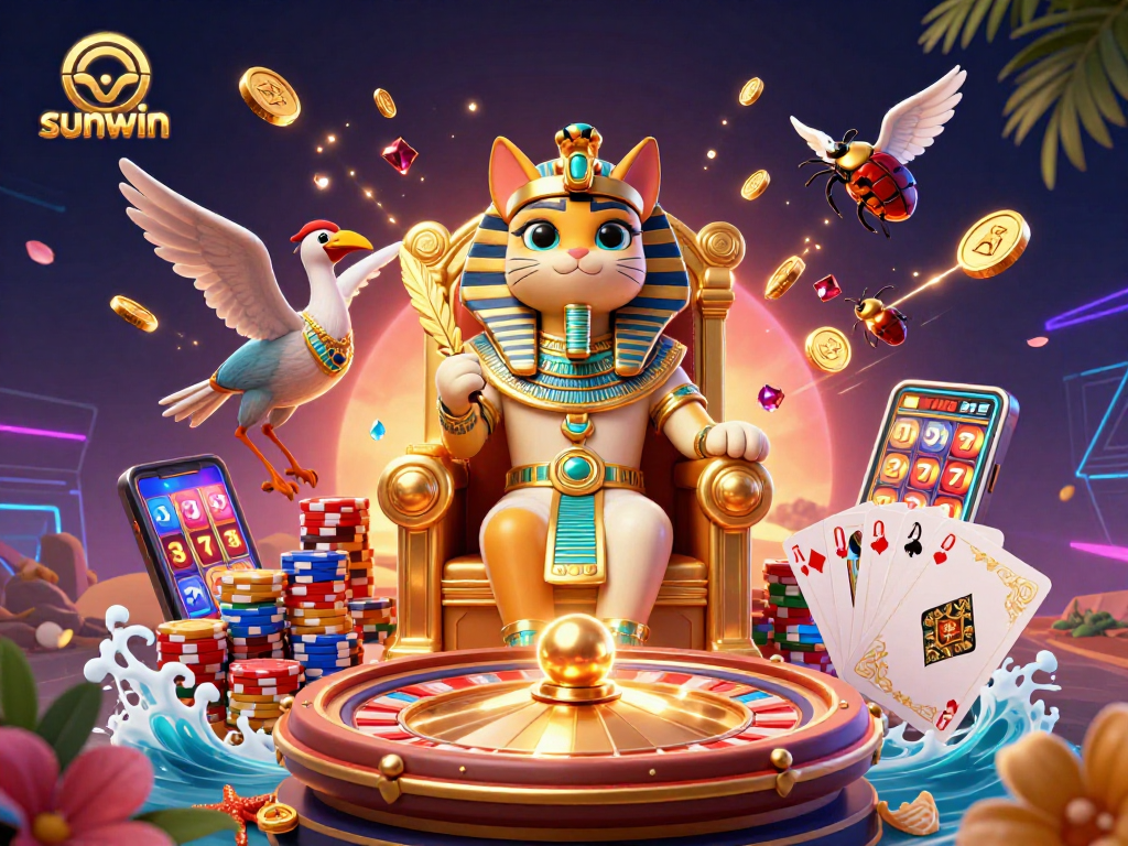 Experience sunwin casino magic with a 3D Egyptian scene featuring a pharaoh cat and sparkling game elements.