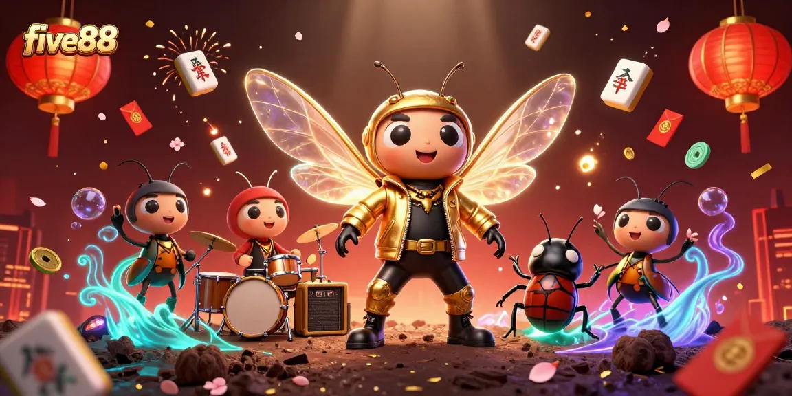 Experience the excitement of five88 with a dynamic scene of a cicada rock star and magical casino elements.