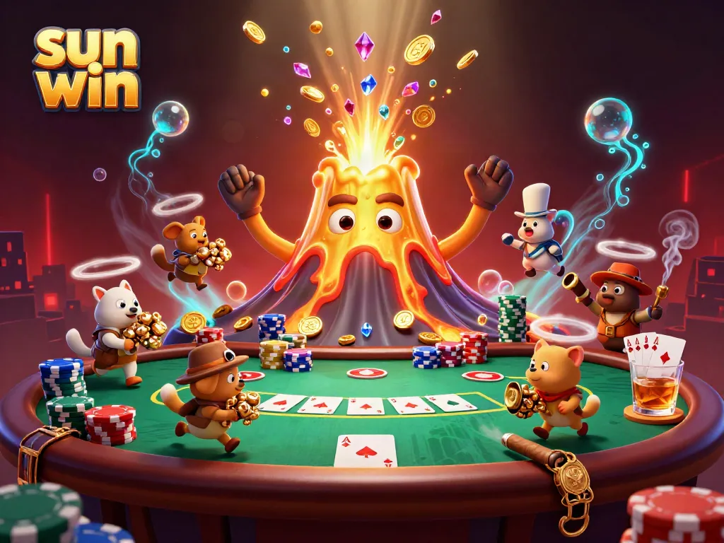 Experience thrilling wins with sun win's vibrant casino scene featuring a golden volcano and poker stakes.