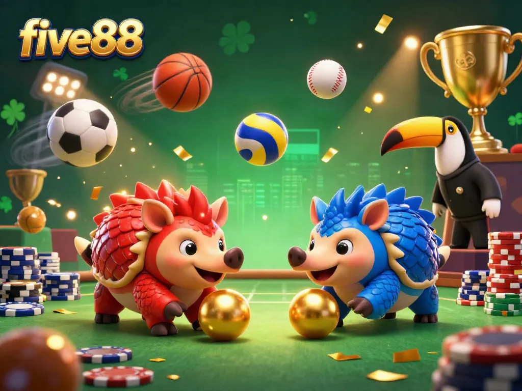 Join the competitive action at five88 with rival pangolins rolling poker chips in an exciting casino scene.