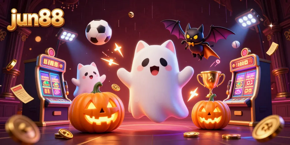 Experience thrilling gameplay at jun88 with a ghost cat, sports balls, and glowing poker elements.