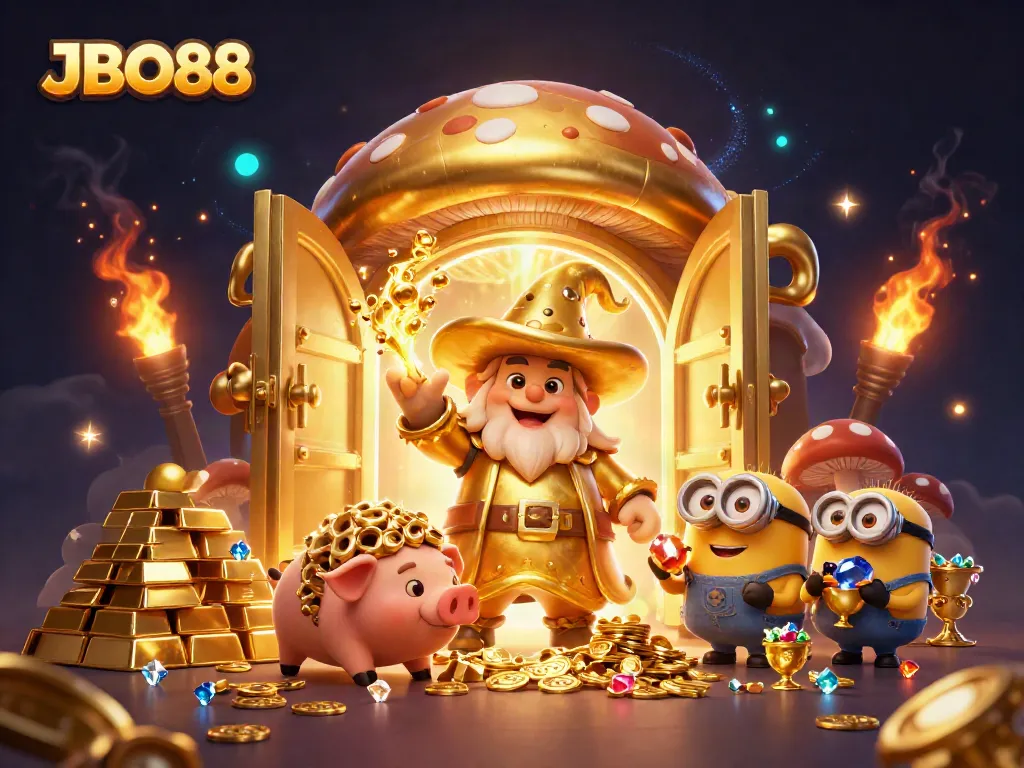 Experience the thrill of JBO88 with vibrant gaming elements and magical treasures showcased.