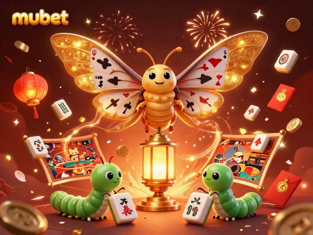 Experience the vibrant casino world with mubet, featuring an atlas moth and festive gambling elements.