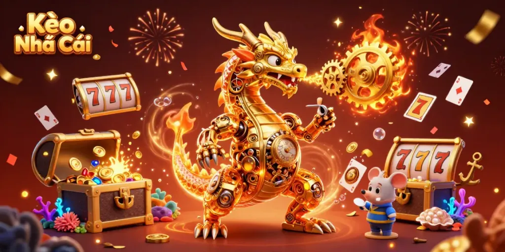 Kèo Nhà Cái showcases vibrant slot-themed action with a dynamic golden dragon and sparkling elements