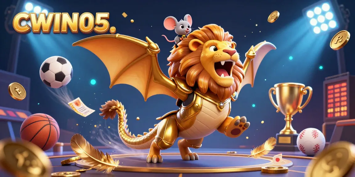 CWIN05 showcases a 3D chimera and mouse jockey celebrating with flying sports balls, enriching the casino experience.