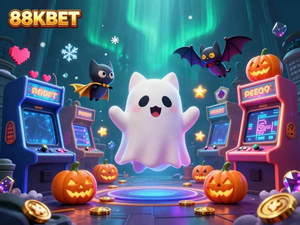 Experience thrilling gaming with 88KBET as a ghost cat explores a haunted casino.