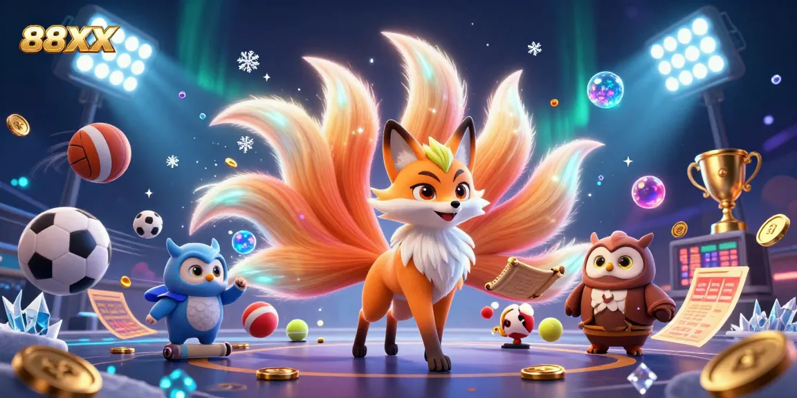 Engage in thrilling games at 88XX, featuring a magical scene of vibrant characters and dynamic sports elements.
