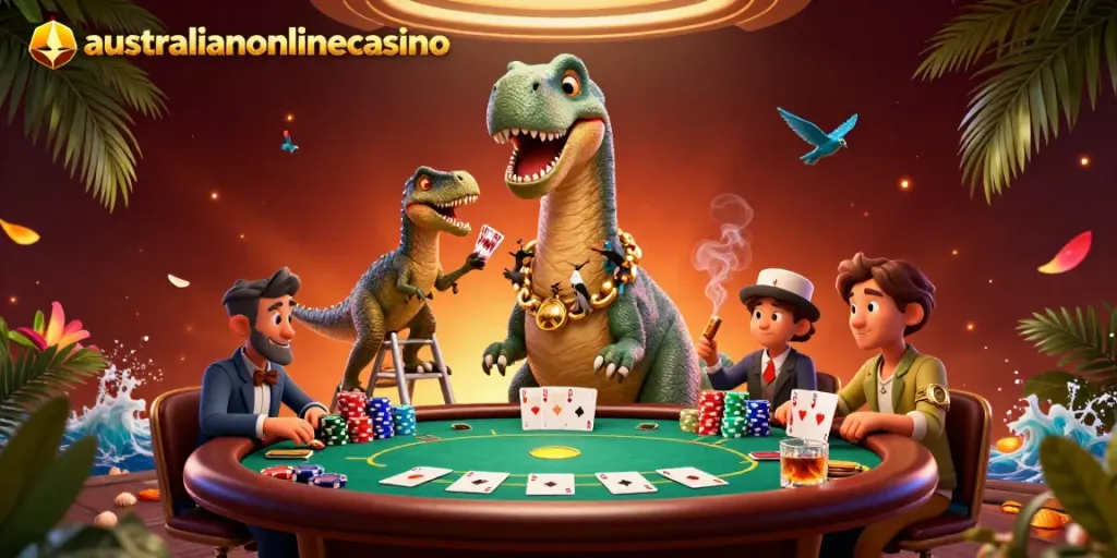Engaging 3D scene showcasing australianonlinecasino with a giant brontosaurus above a poker table, filled with colorful chips and cards.
