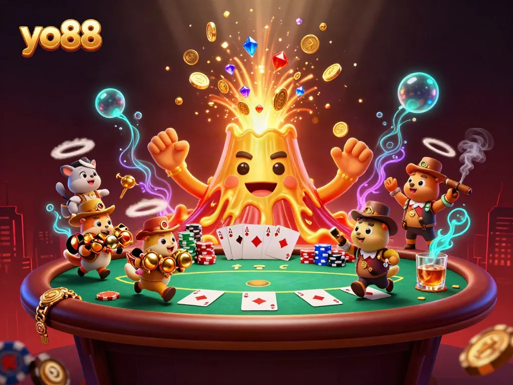 Engage with yo88's thrilling casino atmosphere featuring a golden volcano and poker elements.