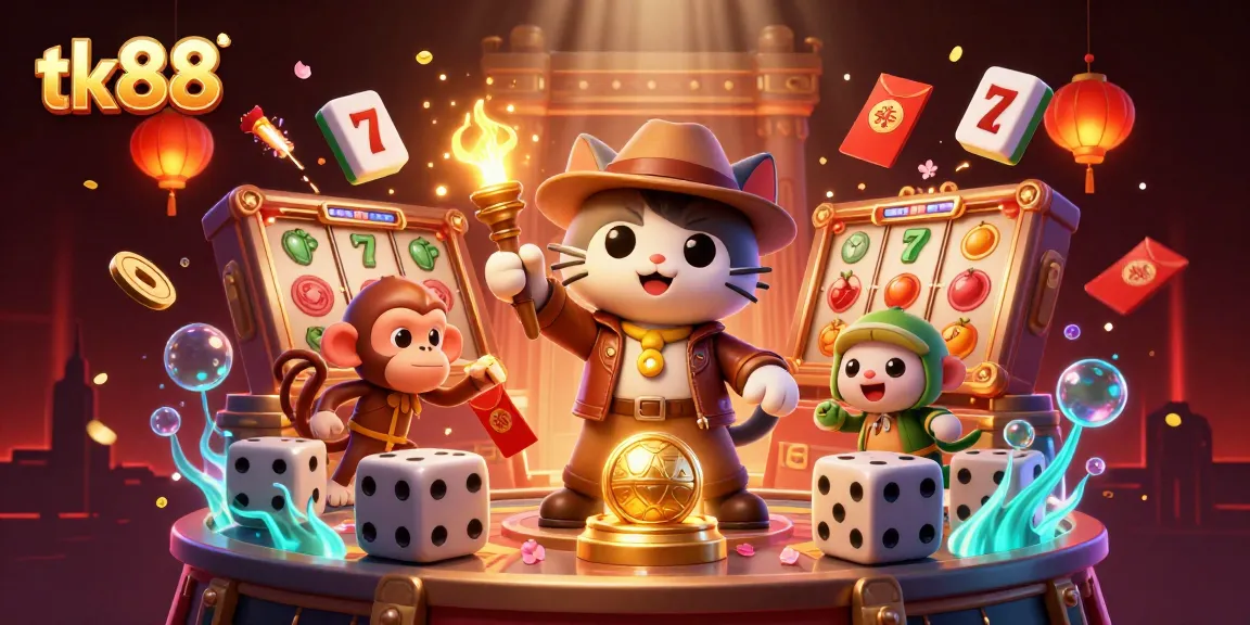 Experience thrilling wins at tk88 with our vibrant 3D casino adventure illustration featuring dynamic game elements.