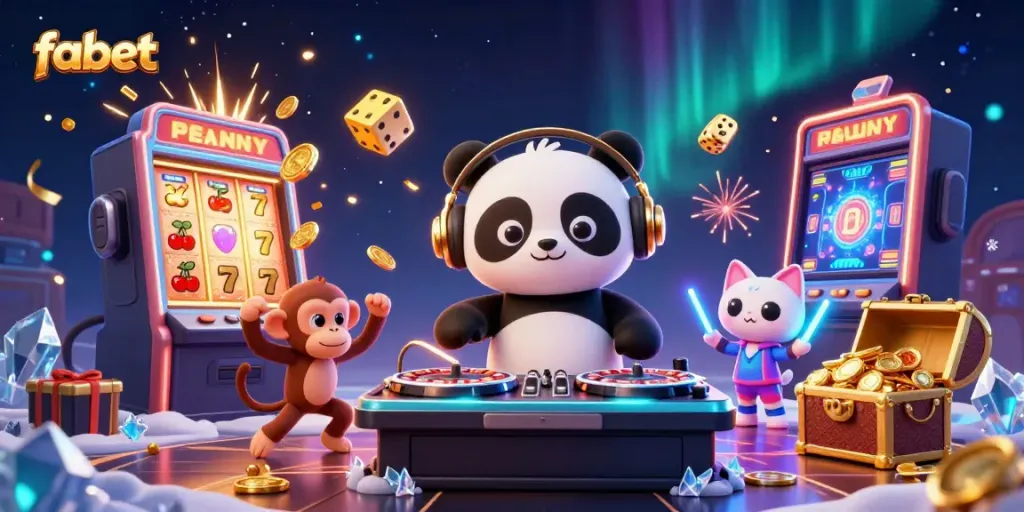 Experience high-energy gaming with fabet featuring a DJ panda spinning at a vibrant casino party.