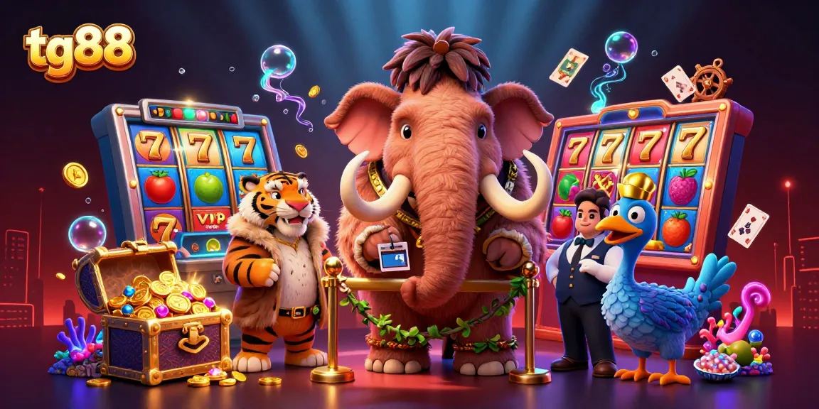 Engage in the tg88 casino experience with a 3D illustration featuring vibrant slot elements and whimsical characters.