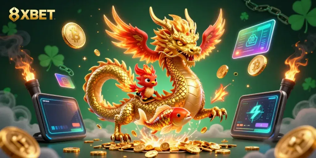 Experience the thrill of gambling at 8XBET with a dynamic scene featuring a golden dragon and vibrant characters.