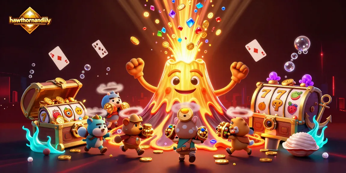 Experience thrilling jackpots with hawthornandlily—golden volcano eruption surrounded by treasure!
