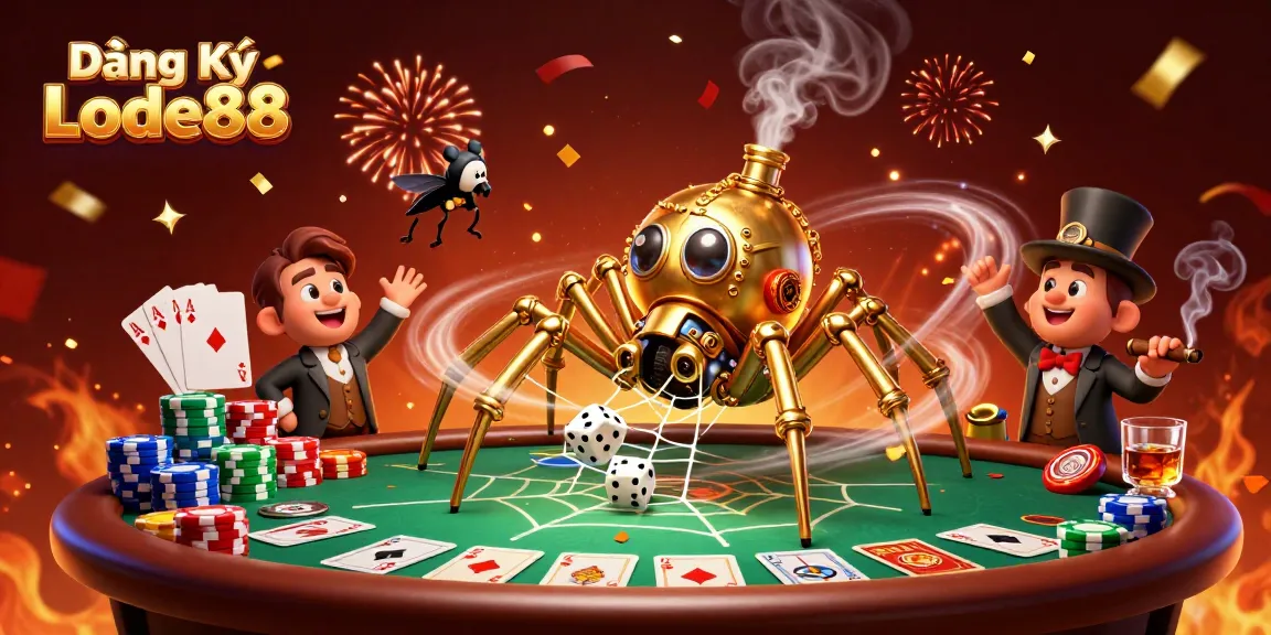 Experience the thrill of Đăng Ký Lode88 as a steampunk spider weaves a poker web.