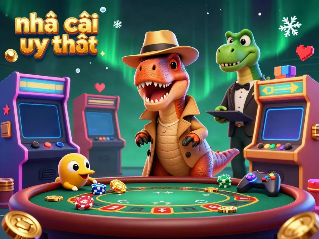 nhà cái uy tín showcases a vibrant, dynamic 3D scene with animated casino elements and lively characters.